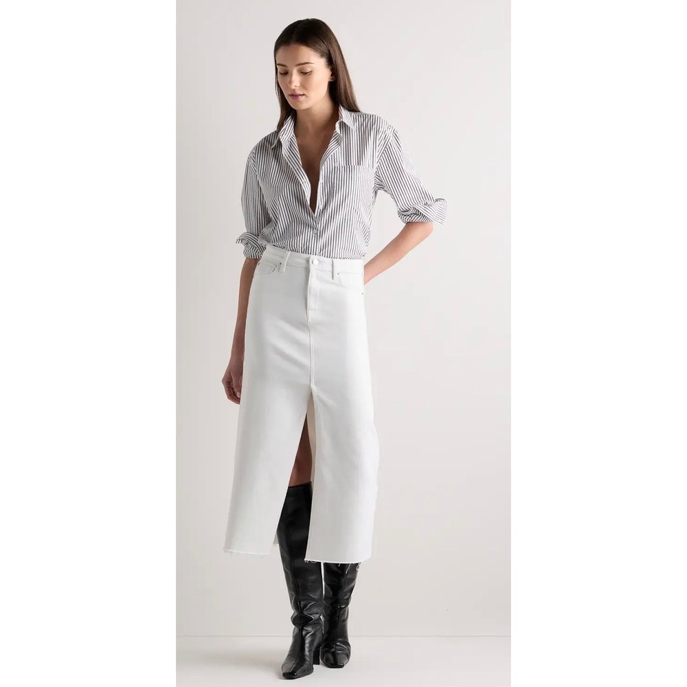 Quince White Stretch Denim 5 pocket Midi SkirtFront Slit Raw Hem Womens Size 28